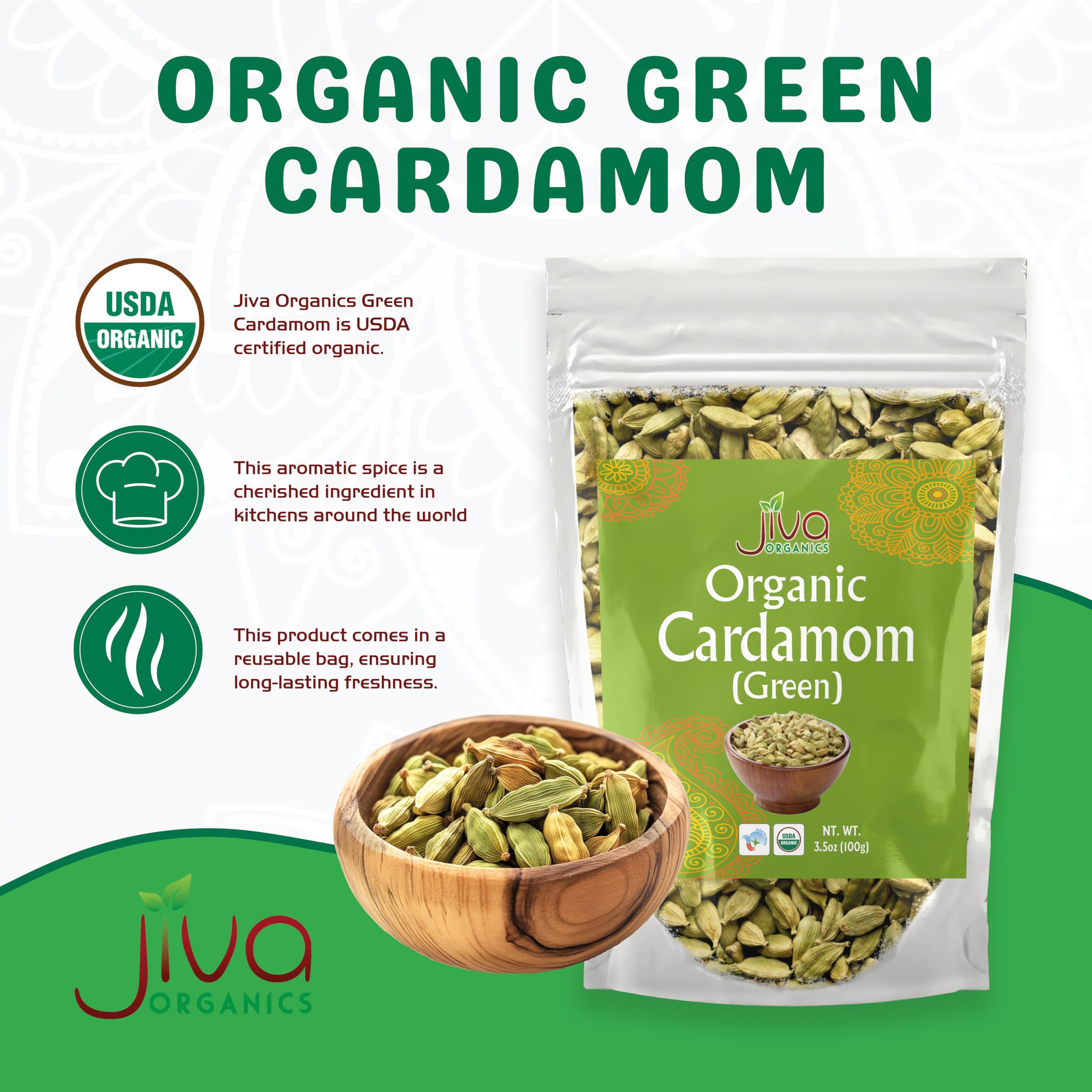 Close-up of Jiva Organics cardamom pods releasing fresh aroma