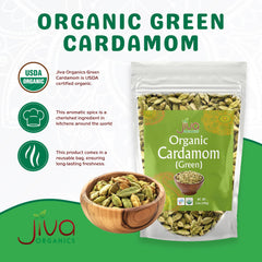 Close-up of Jiva Organics cardamom pods releasing fresh aroma