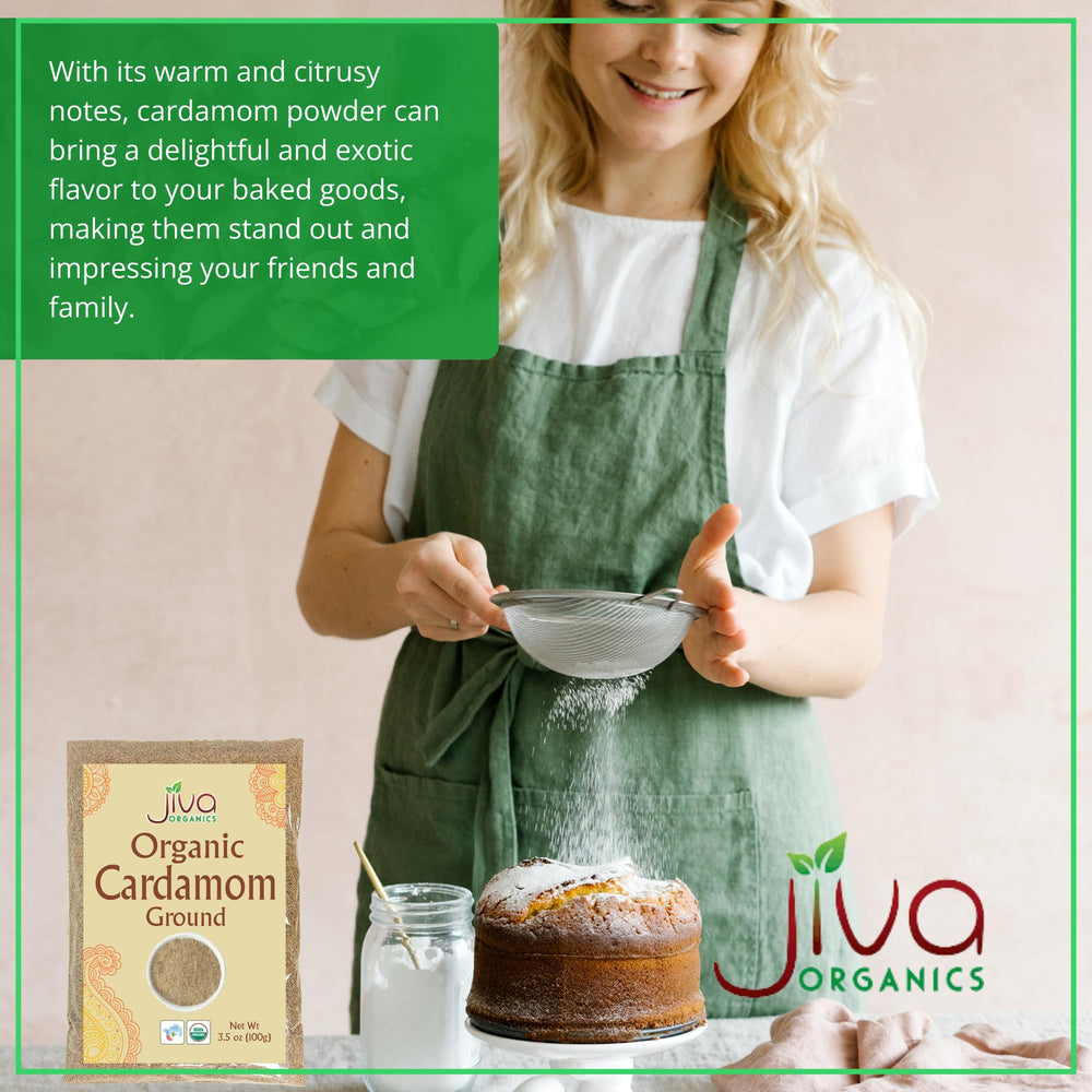 Jiva Organics cardamom powder baking scene with warm, inviting aroma.