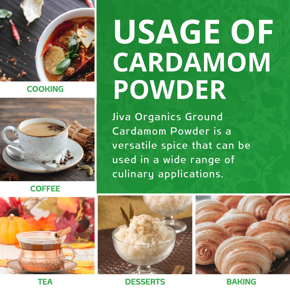 Jiva Organics cardamom powder close-up reveals fine texture ideal for baking.