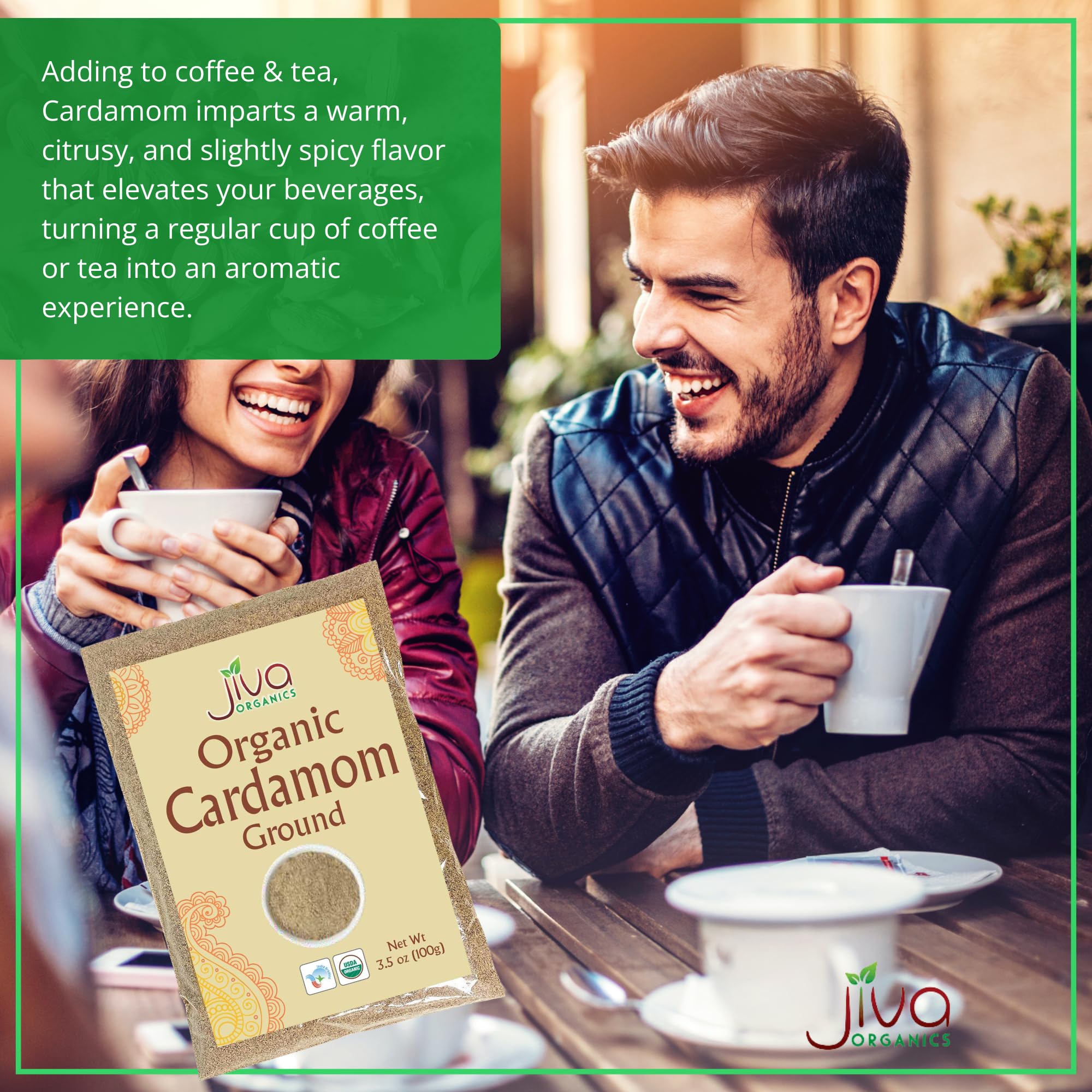 Jiva Organics cardamom powder on spice shelf signaling versatile pantry essential.