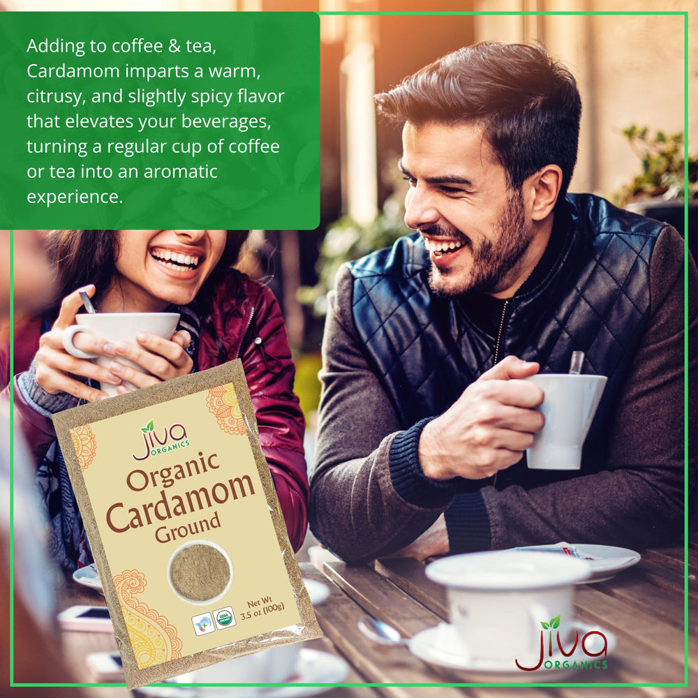 Jiva Organics cardamom powder on spice shelf signaling versatile pantry essential.