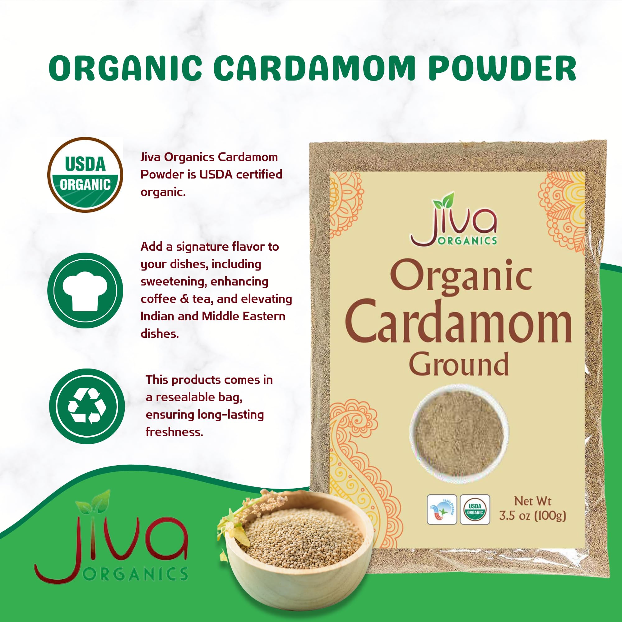 Jiva Organics cardamom powder spoon captures fresh aroma for tea and coffee.