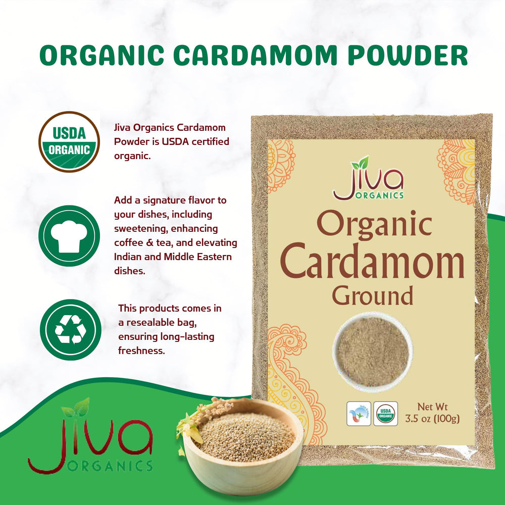Jiva Organics cardamom powder spoon captures fresh aroma for tea and coffee.