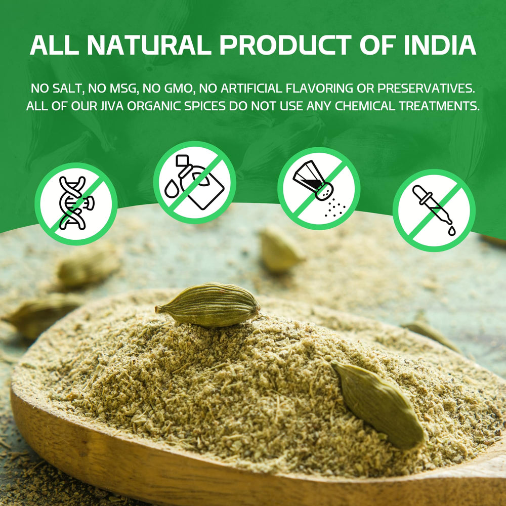 Jiva Organics cardamom powder in tea cup, inviting fragrant infusion.
