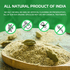 Jiva Organics cardamom powder in tea cup, inviting fragrant infusion.