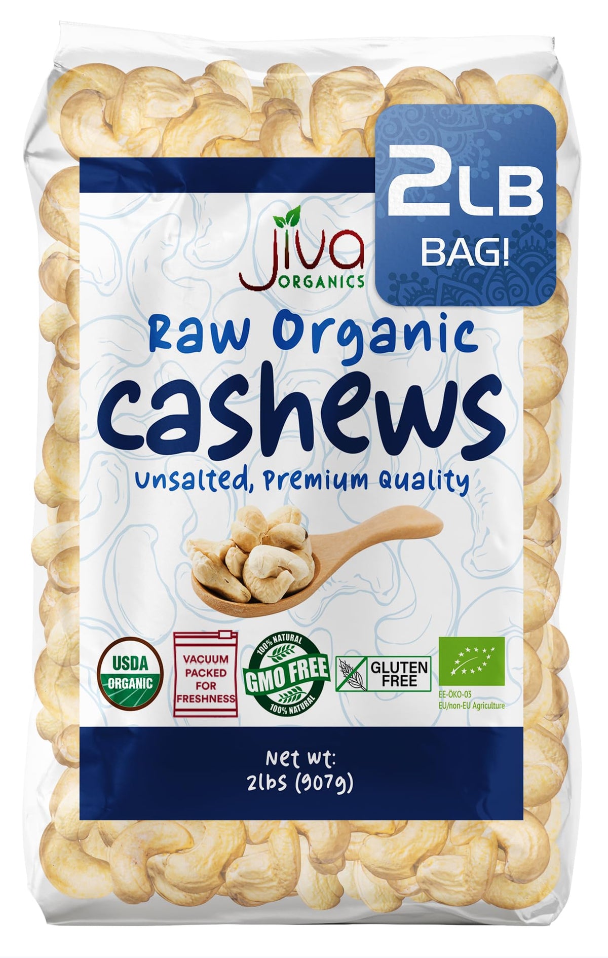 Jiva Organics cashews whole bag front view for premium snacking and protein