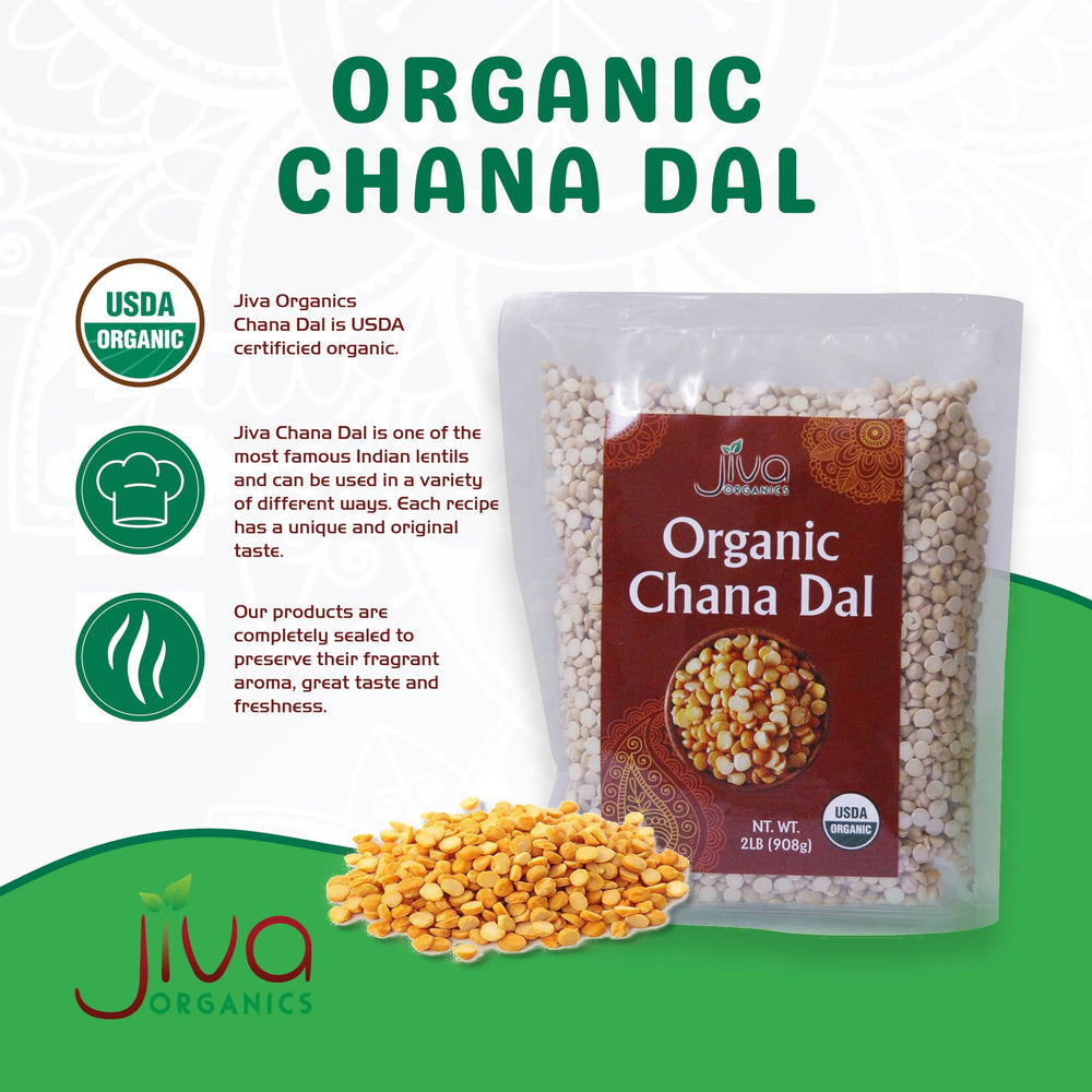 Jiva Organics Chana Dal bag back highlighting purity and non-GMO status.