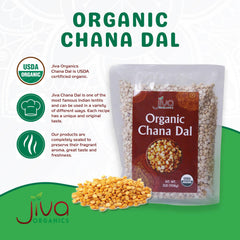 Jiva Organics Chana Dal bag back highlighting purity and non-GMO status.