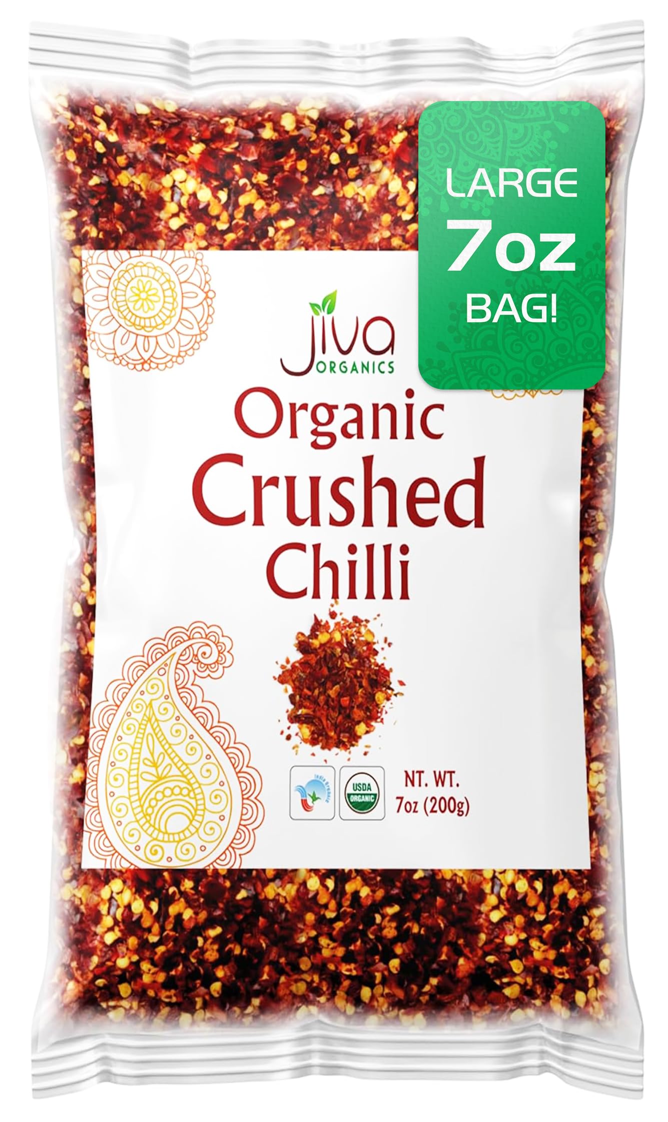 Jiva Organics chili flakes bag front for versatile pizza topping