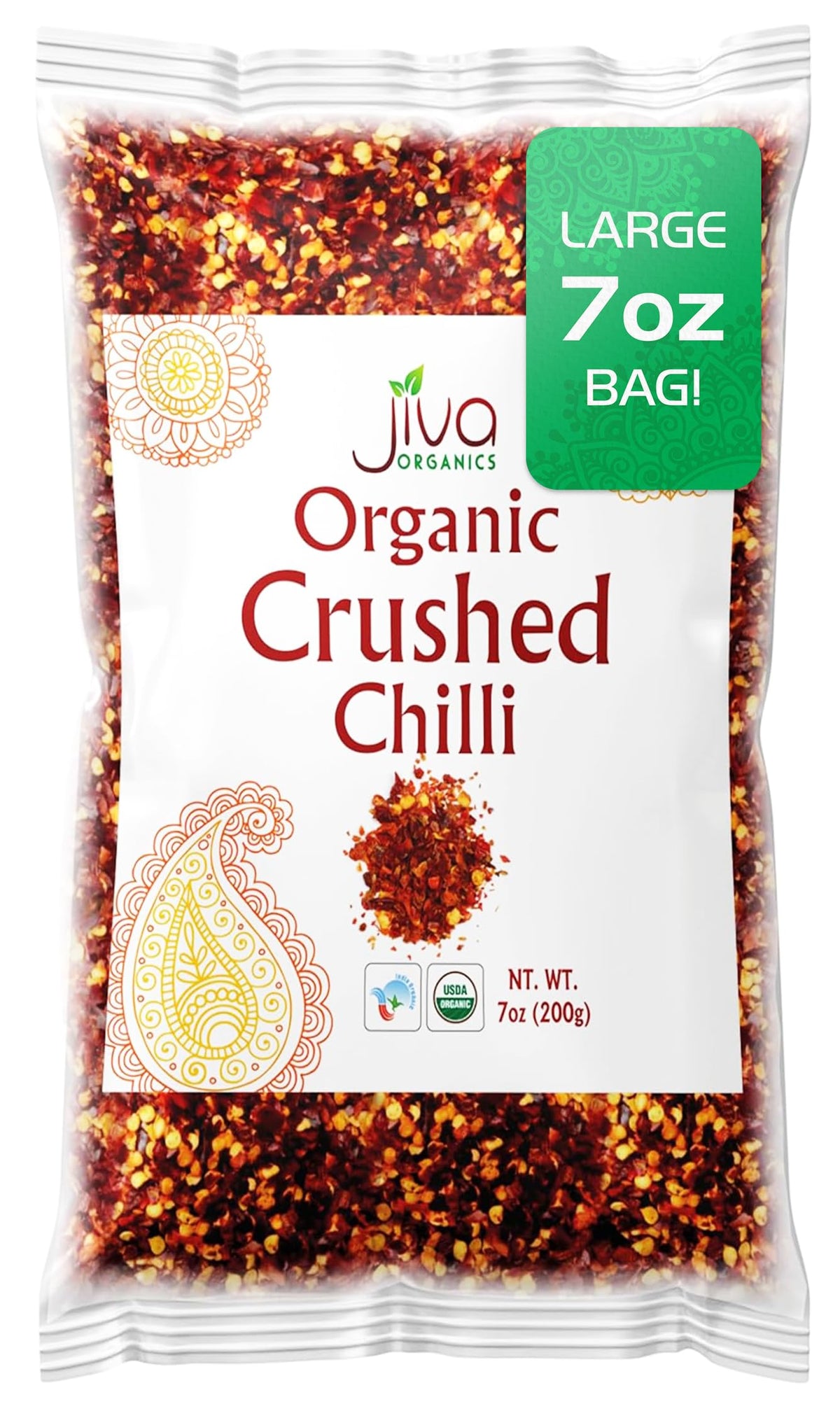 Jiva Organics chili flakes bag front for versatile pizza topping