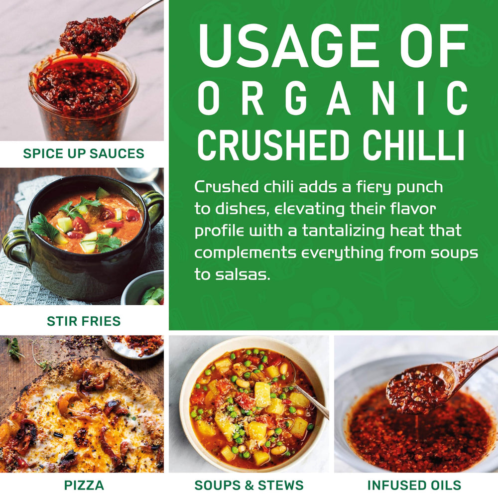 Jiva Organics chili flakes bag open releasing aroma and color