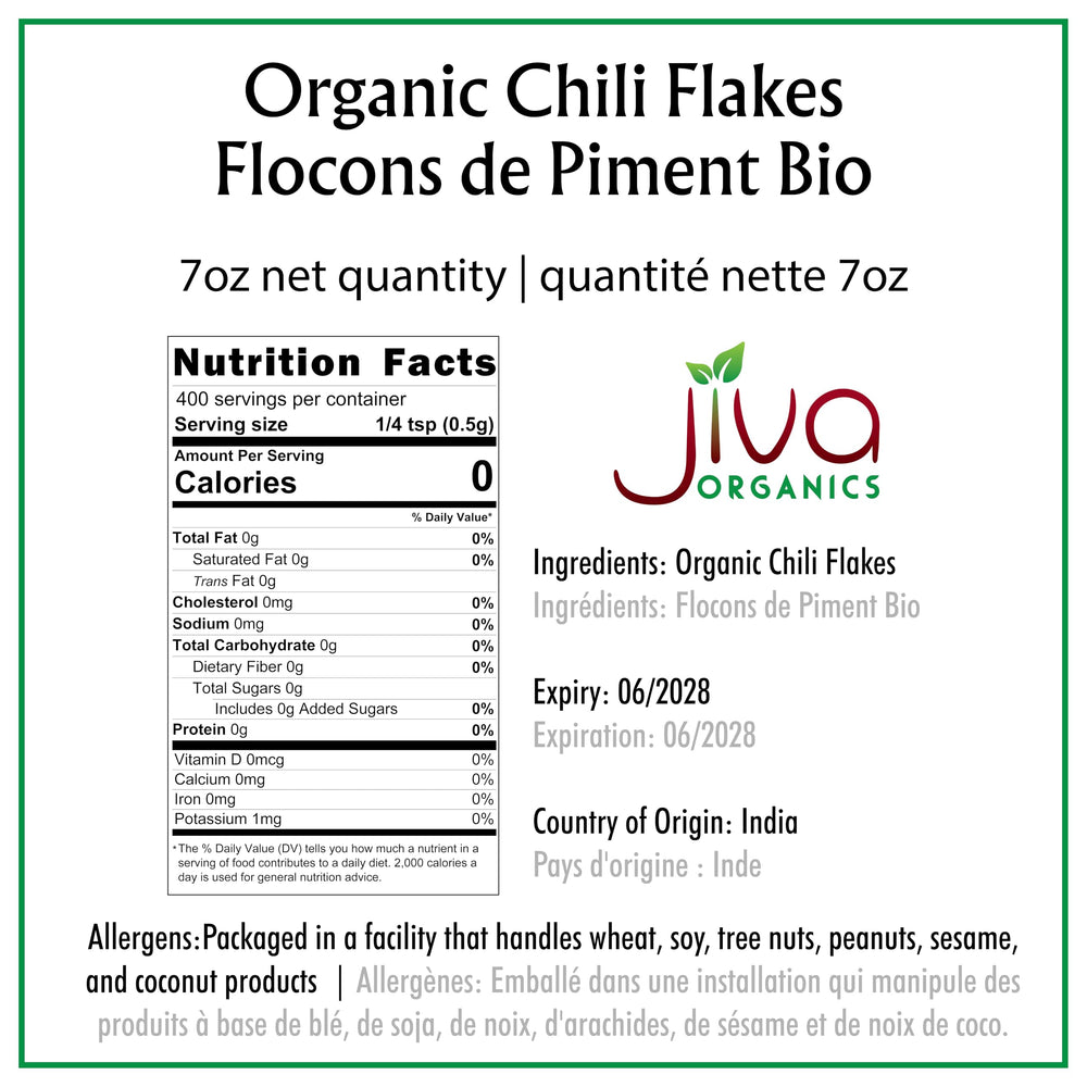 Jiva Organics chili flakes closeup powder shows crushed red pepper
