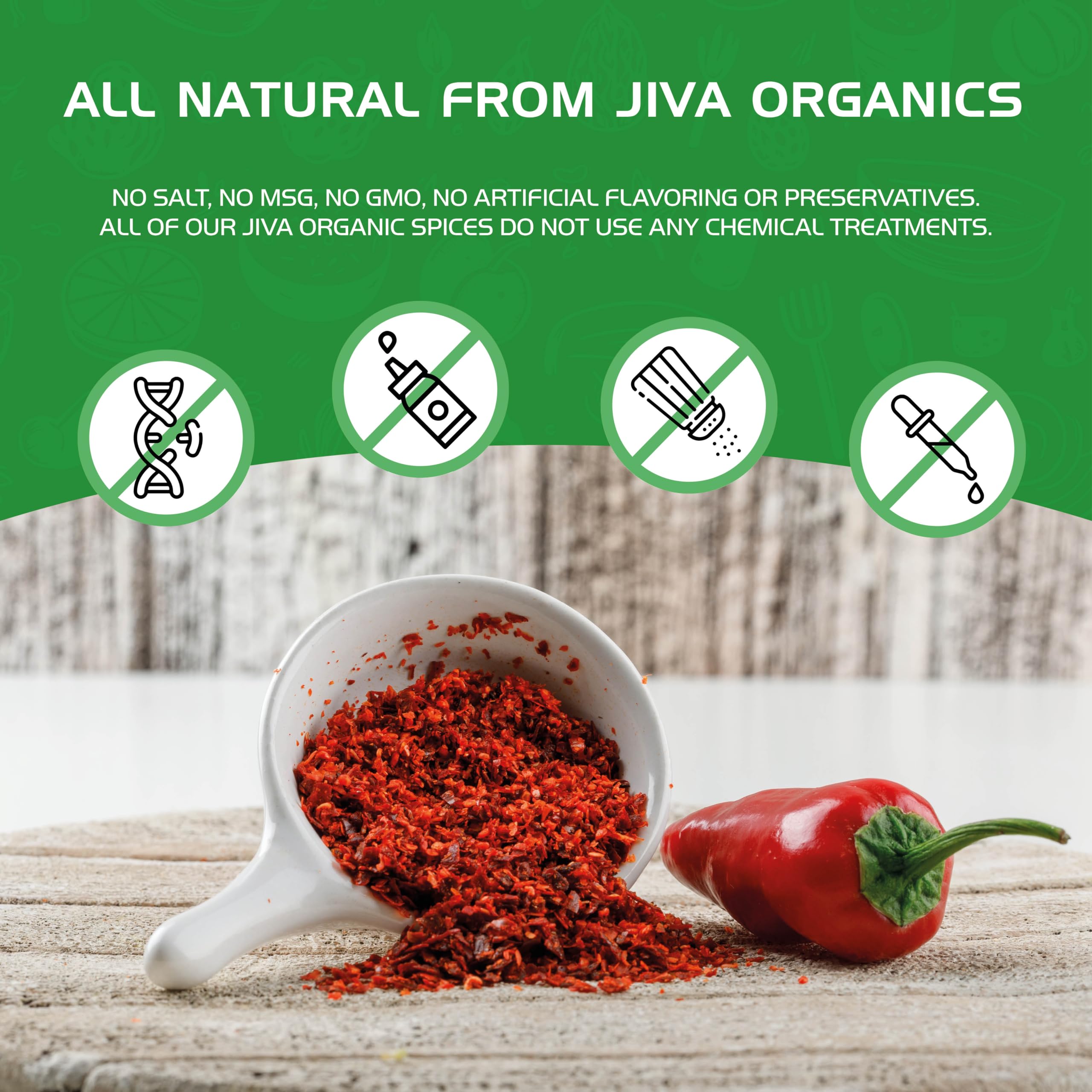 Jiva Organics chili flakes ingredients India highlighting 100 percent red peppers