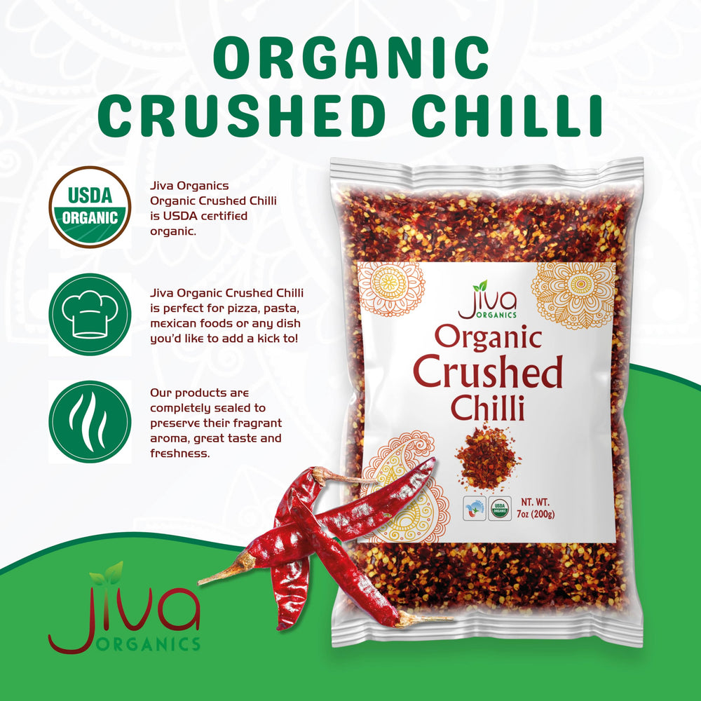 Jiva Organics chili flakes packaging back with organic and non GMO notes