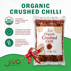 Jiva Organics chili flakes packaging back with organic and non GMO notes