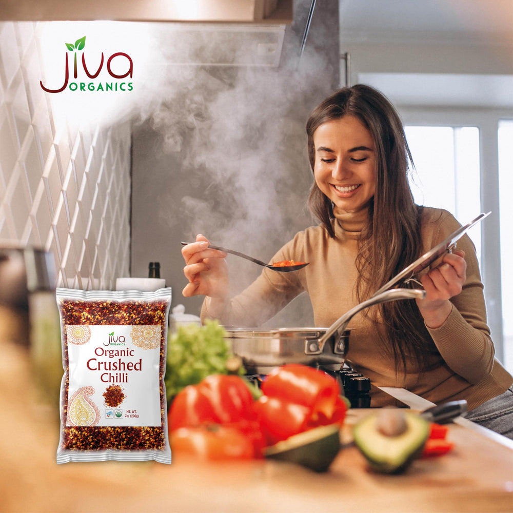 Jiva Organics chili flakes in spice jar for pantry ready seasoning