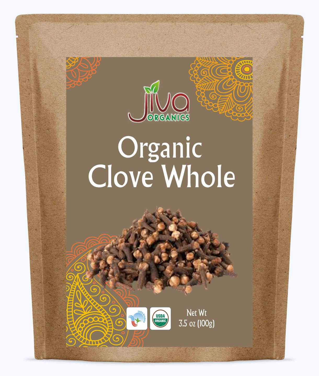 Jiva Organics whole cloves bag front view, showcasing resealable freshness.