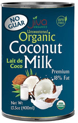 Jiva Organics coconut milk can on shelf ready for curries and desserts