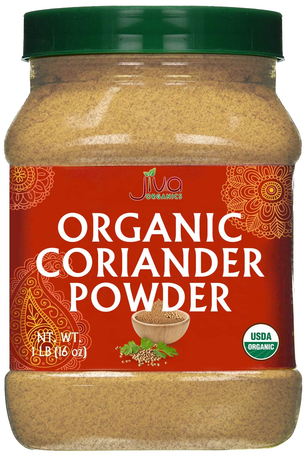 Jiva Organics coriander powder jar front view for vibrant curries and marinades.