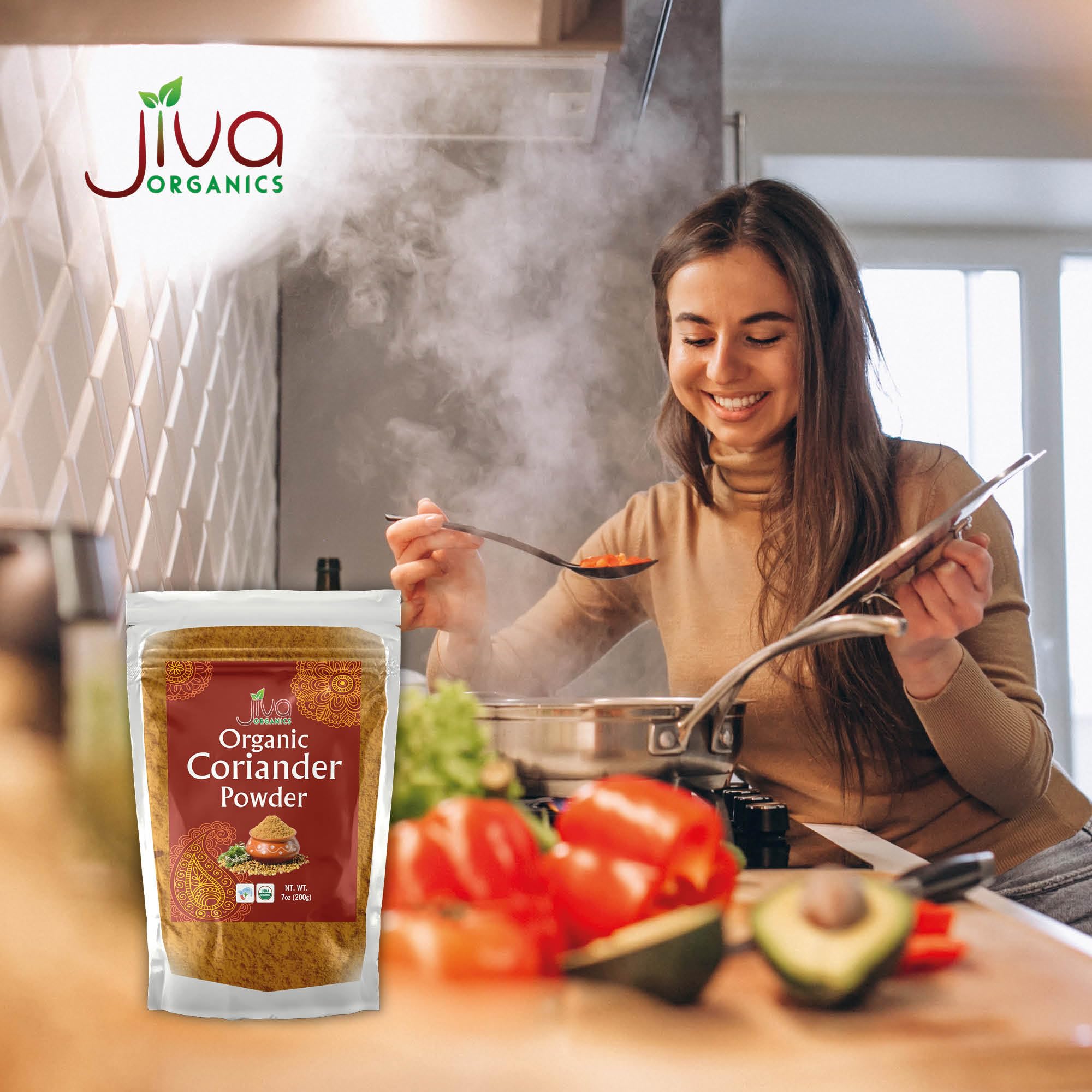 Jiva Organics coriander powder on spoon suggests versatile seasoning options