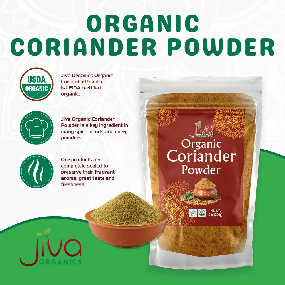Jiva Organics coriander powder with scoop highlights easy measuring for curries