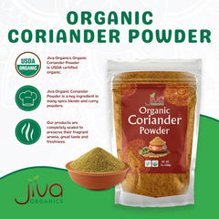 Jiva Organics coriander powder with scoop highlights easy measuring for curries