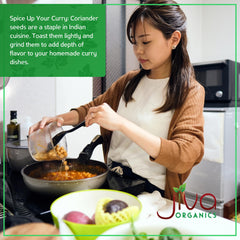 Jiva Organics coriander seeds from India offer warm, citrus aroma.