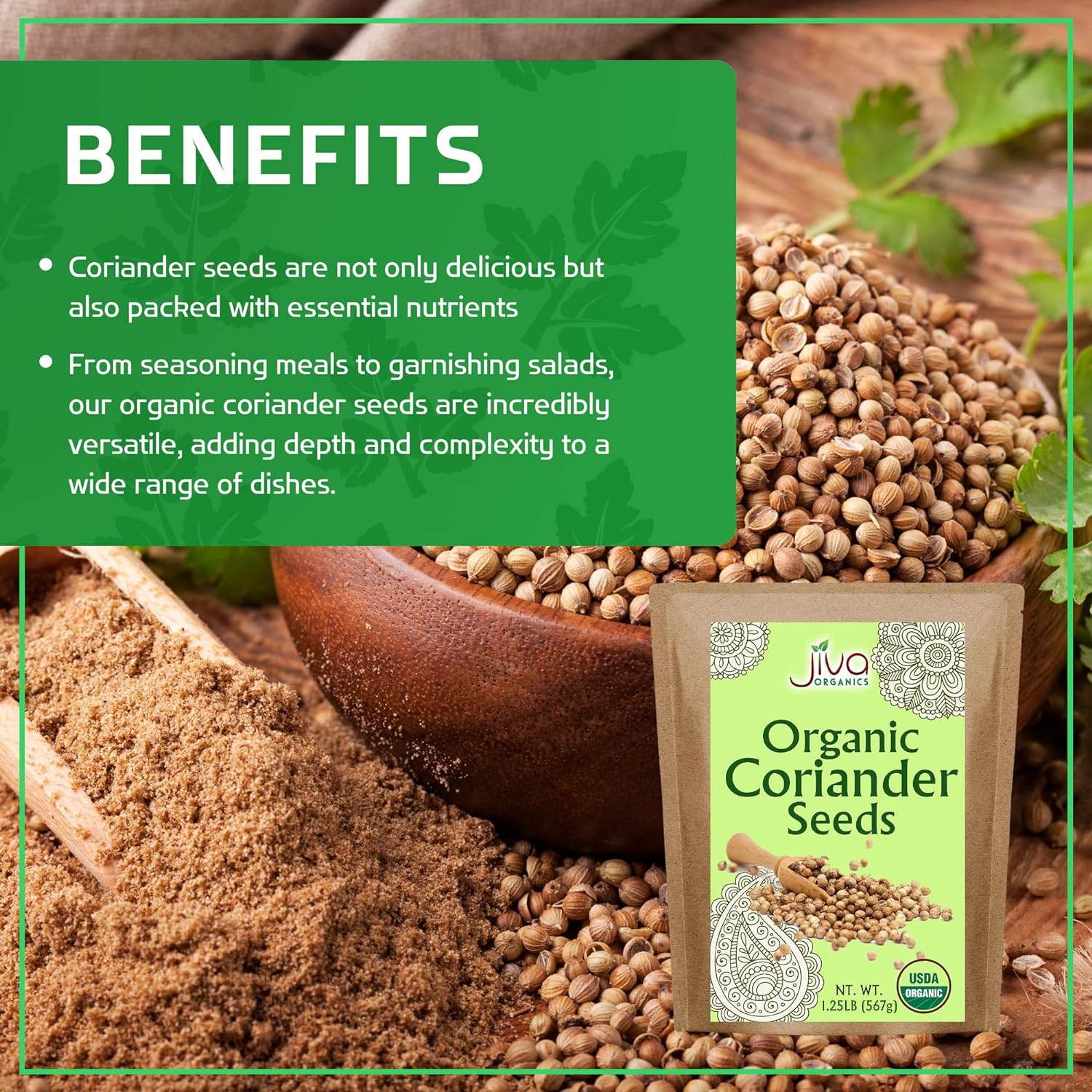 Non-GMO coriander seeds by Jiva Organics with no preservatives