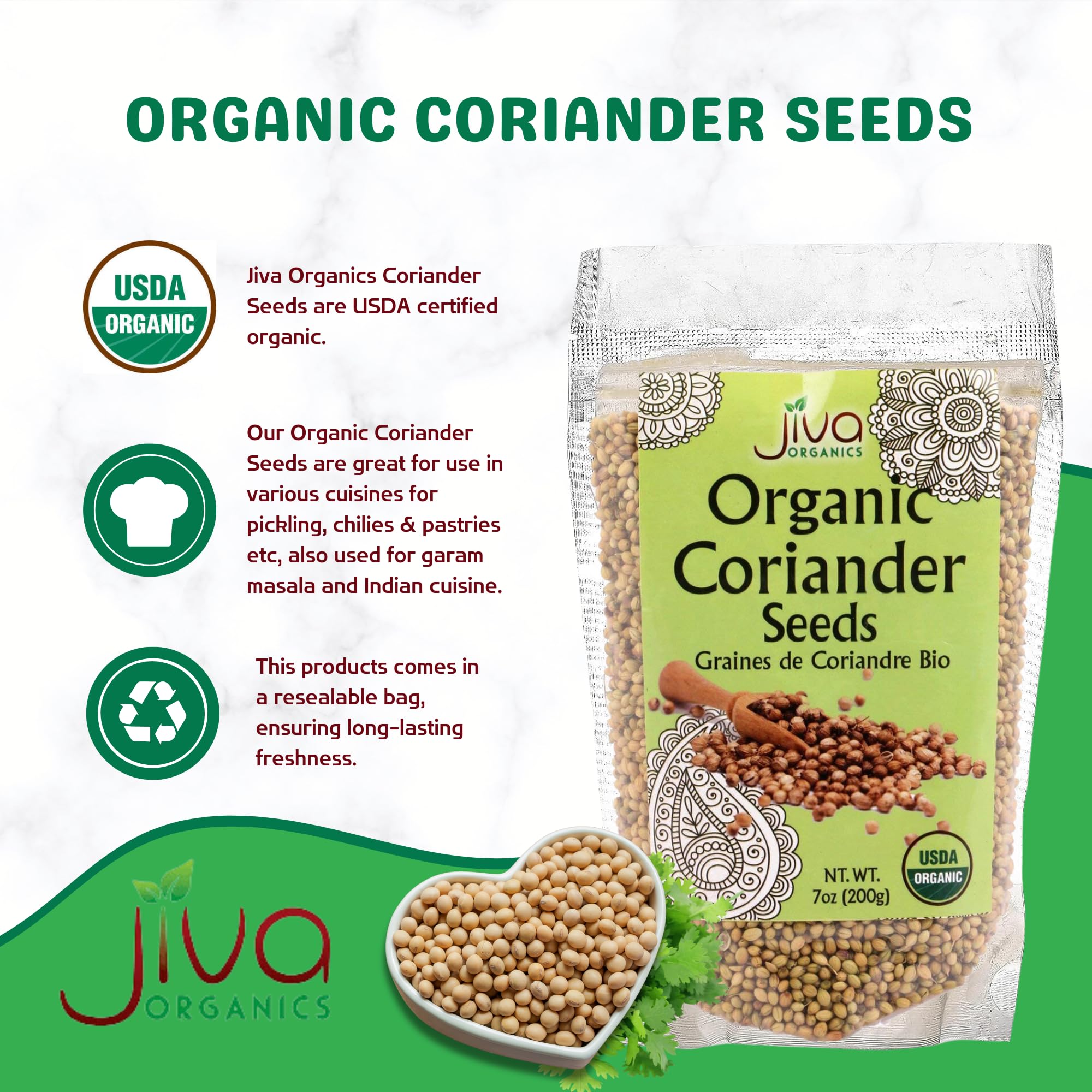 Closeup of Jiva Organics coriander seeds, showing texture and aroma.