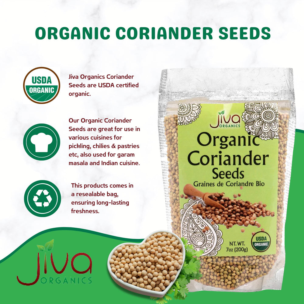 Closeup of Jiva Organics coriander seeds, showing texture and aroma.