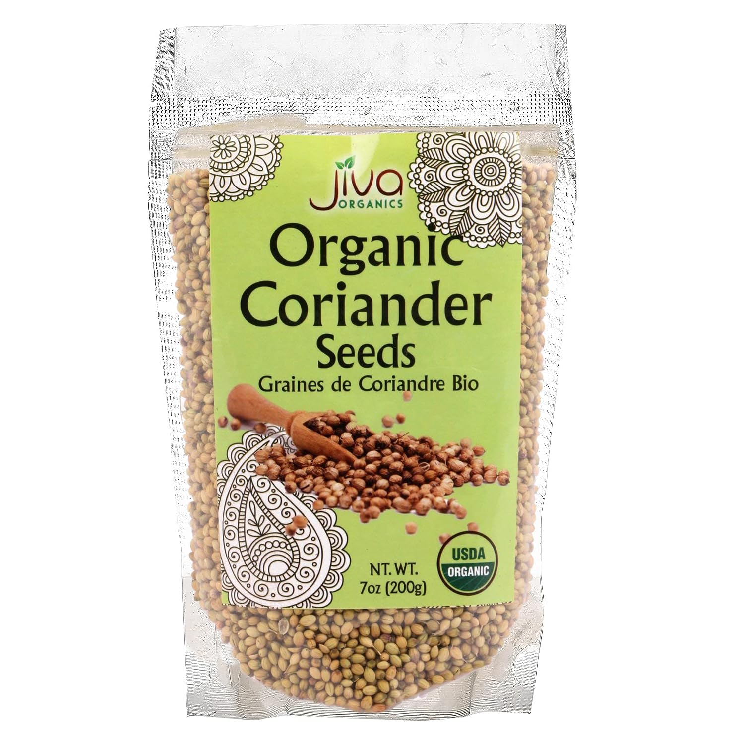 Jiva Organics coriander seeds in a clear jar, ideal for curries.