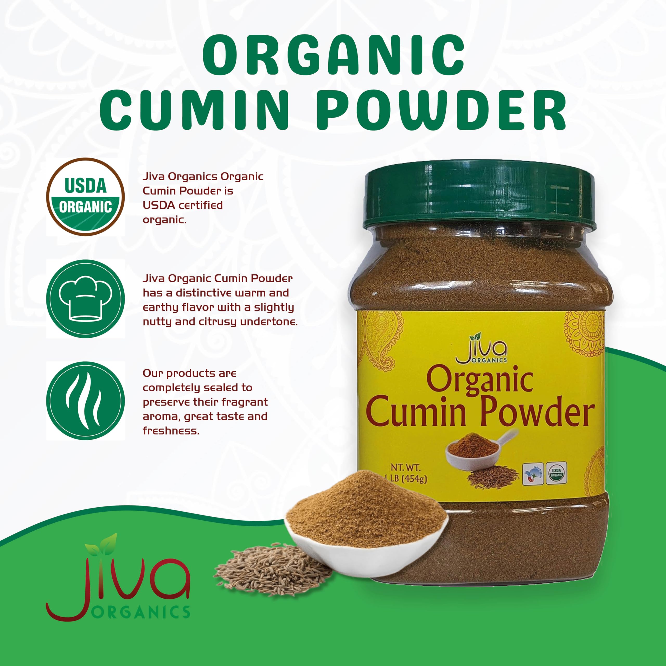 Texture close-up of Jiva Organics cumin powder for recipes.