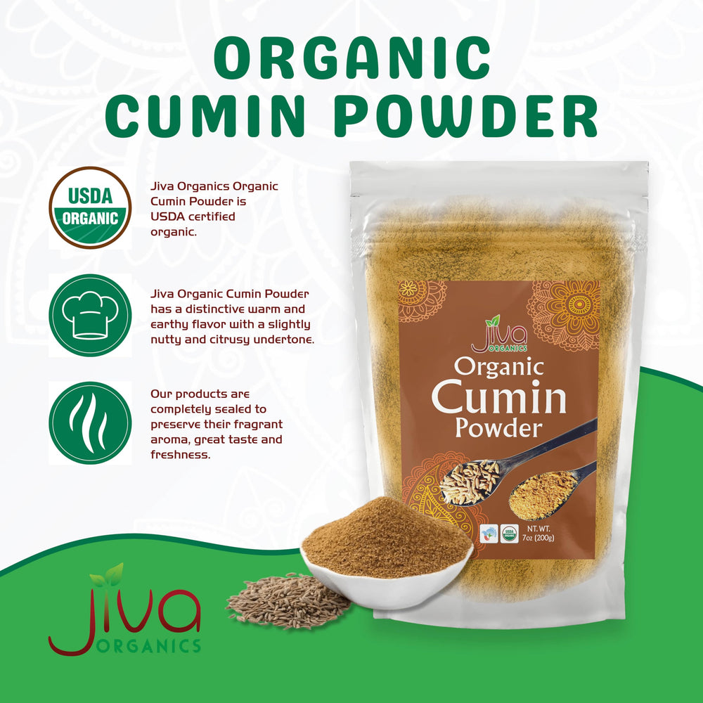 Jiva Organics cumin powder being poured into a spice bowl
