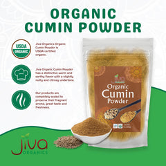 Jiva Organics cumin powder being poured into a spice bowl