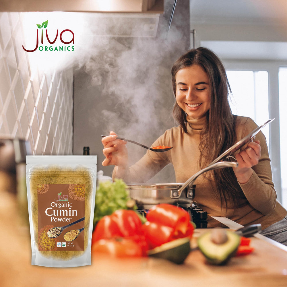 Jiva Organics cumin powder in a spice cabinet for organized storage