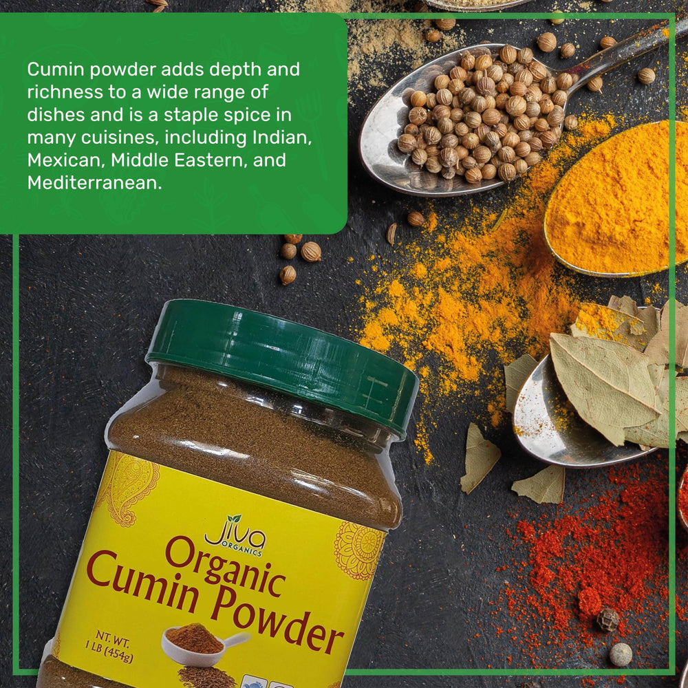Jiva Organics cumin powder with spoon for quick seasoning.