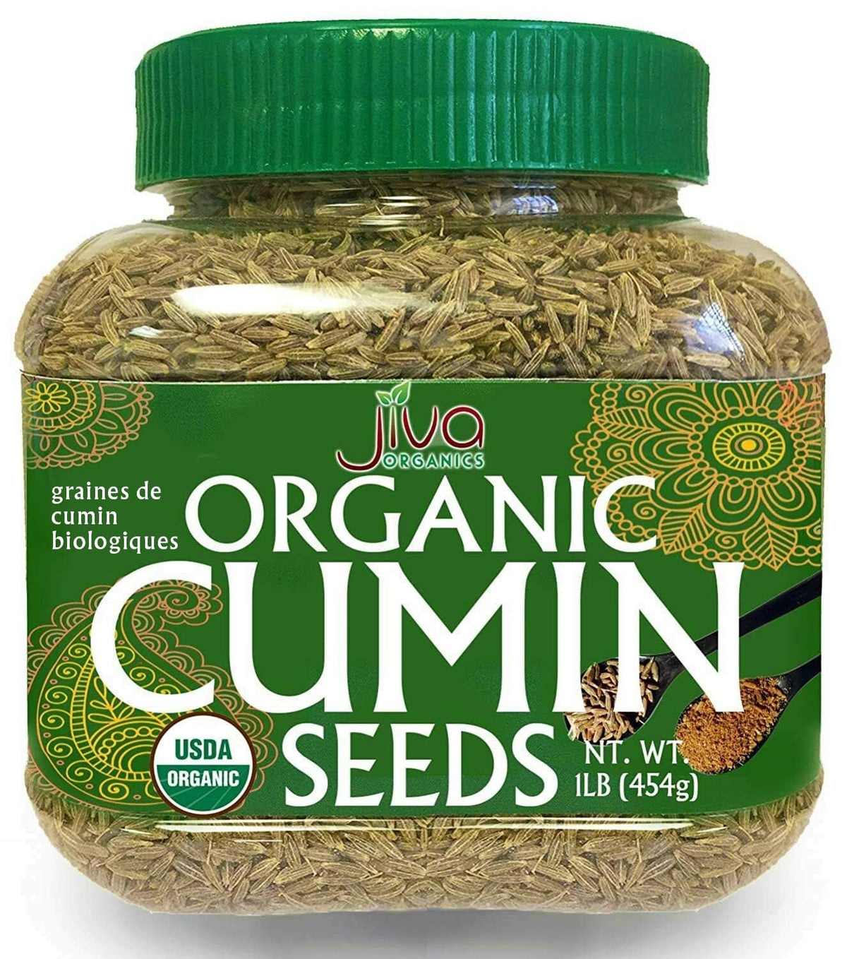 Jiva Organics whole cumin seeds in a 1lb jar, premium organic spice for everyday cooking.