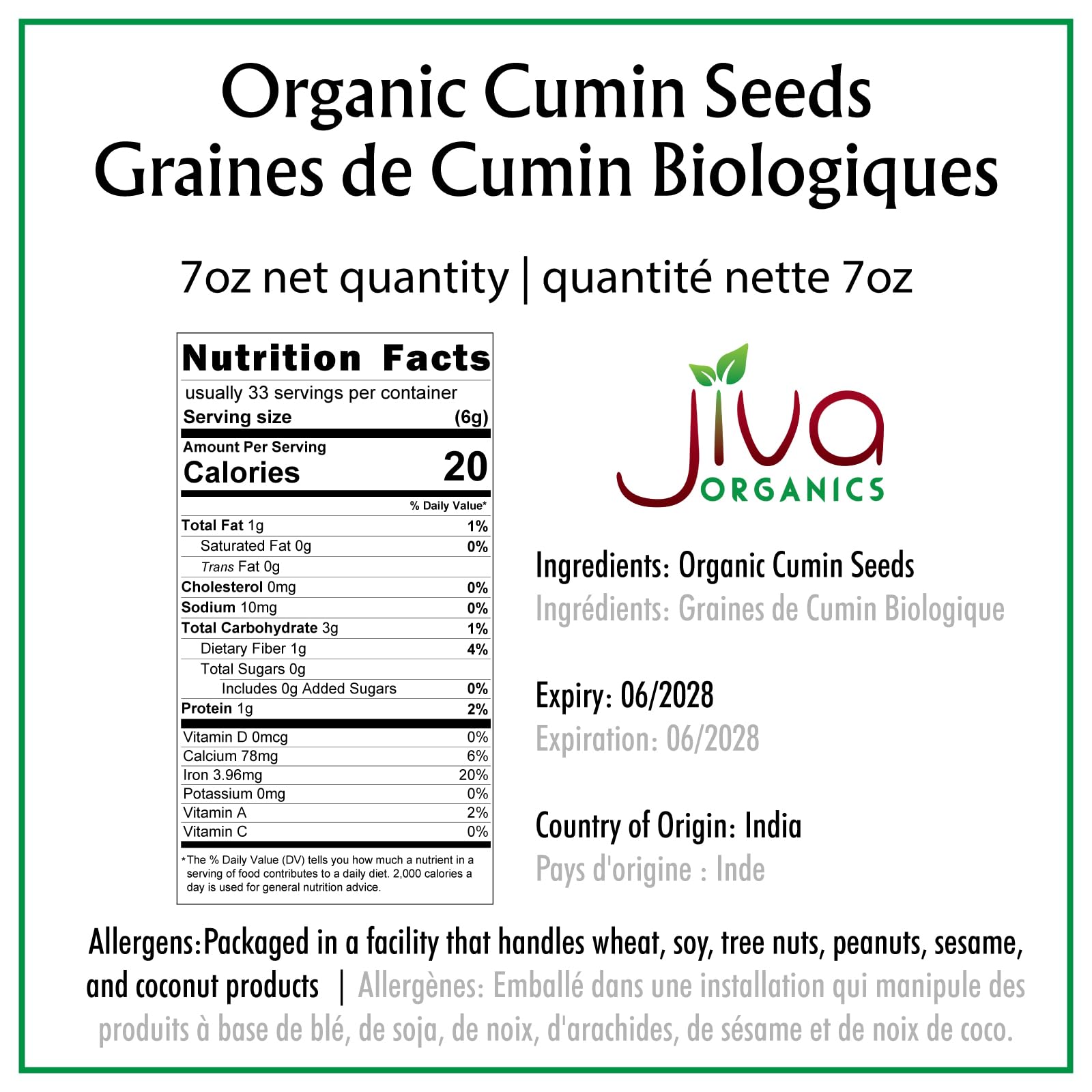 Jiva Organics cumin seeds whole in resealable bag showing freshness.
