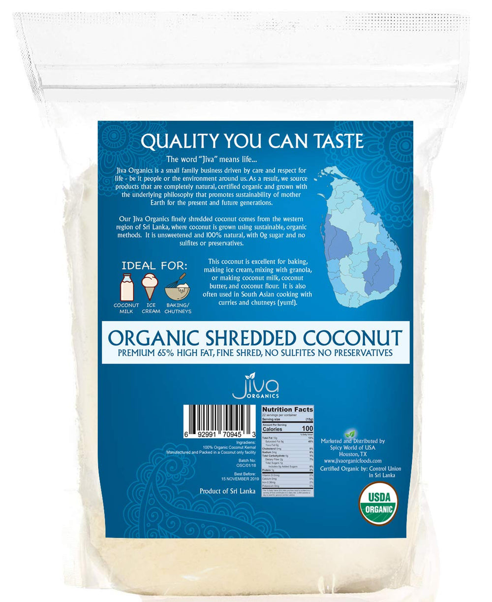 Jiva Organics desiccated coconut flakes in a bowl for snacks.