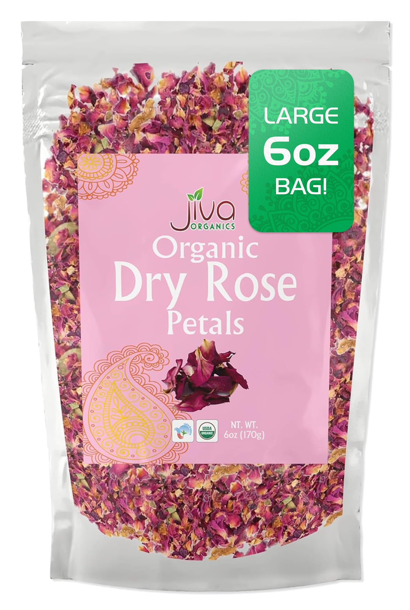 Jiva Organics dried red rose petals in a resealable bag for tea and baking.
