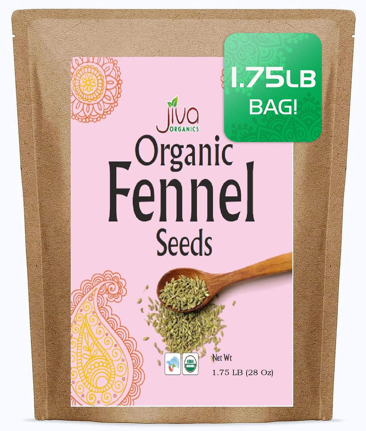 Jiva Organics fennel seeds bulk bag with generous 1.75 lb supply for cooking.