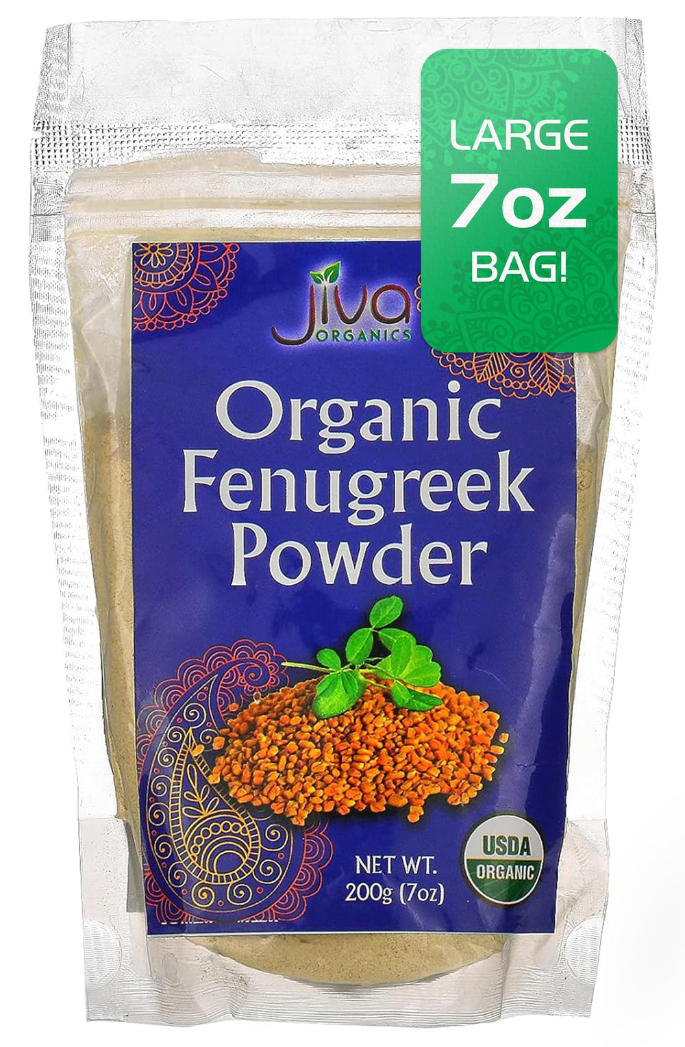 Jiva Organics fenugreek powder bag showing pure methi for cooking and hair care.