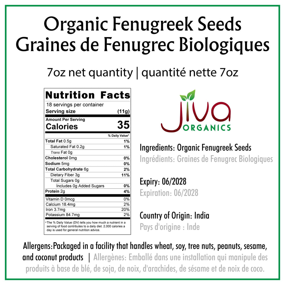 Jiva Organics fenugreek seeds 7oz bag highlighting all-natural, non-GMO pantry staple
