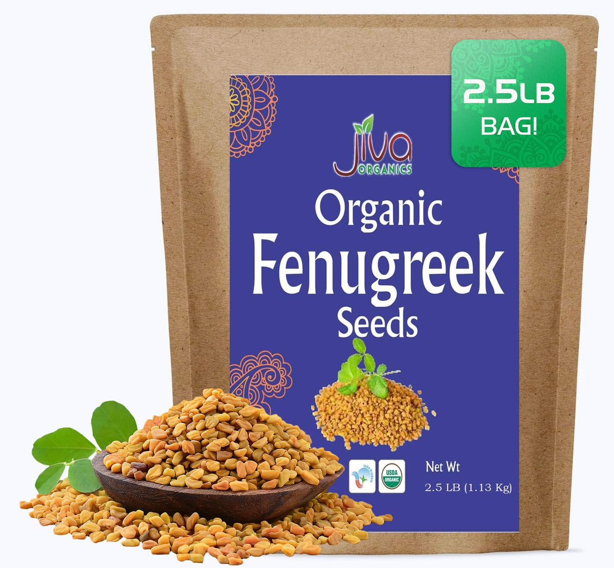 Jiva Organics fenugreek seeds bulk 2.5 lb for versatile kitchen use.