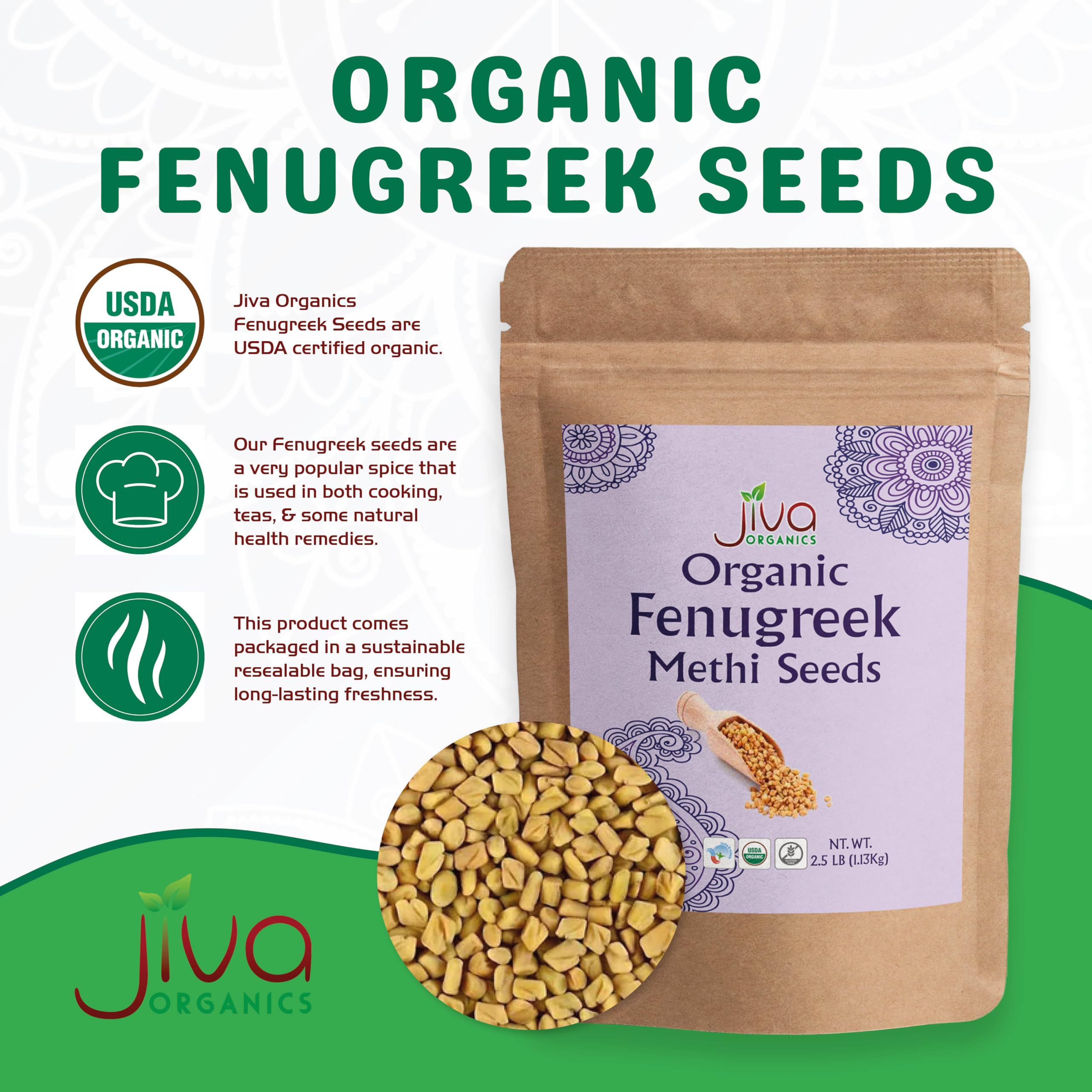 Jiva Organics fenugreek seeds closeup reveals the golden-brown, textured seed surface.