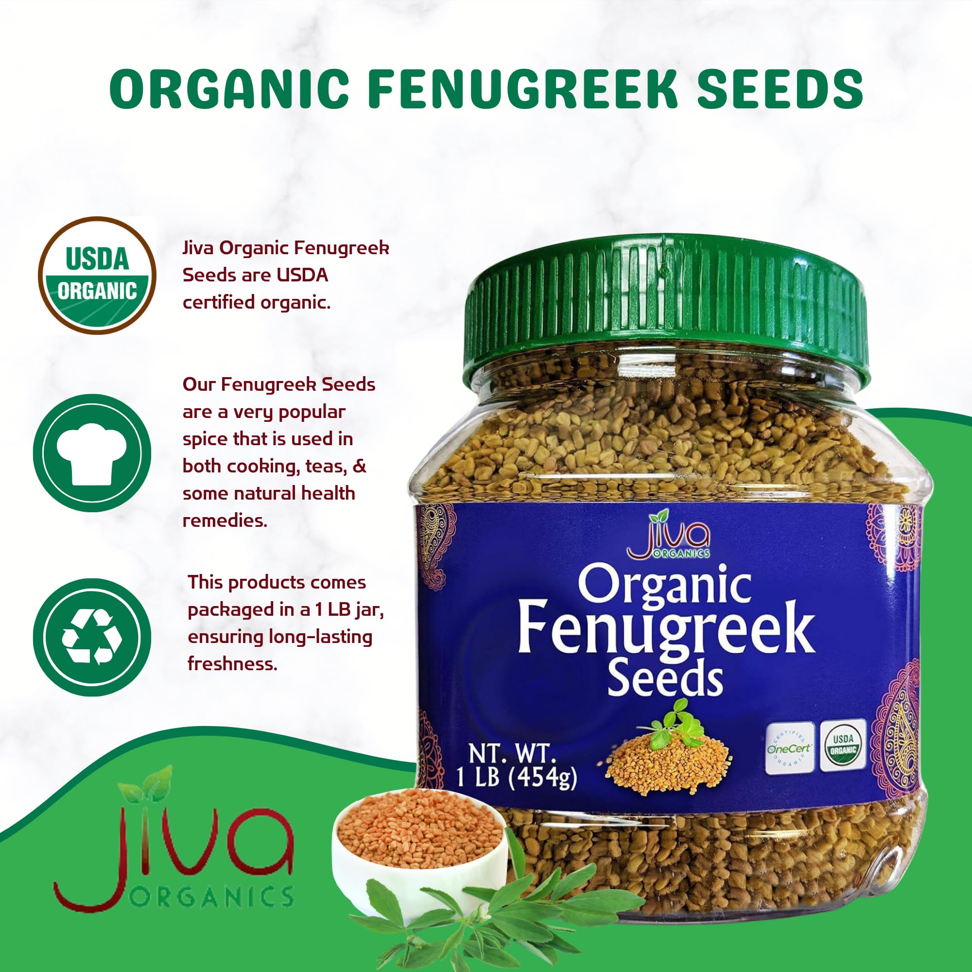 Jiva Organics fenugreek seeds closeup highlighting earthy aroma and vibrant seeds.