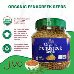 Jiva Organics fenugreek seeds closeup highlighting earthy aroma and vibrant seeds.