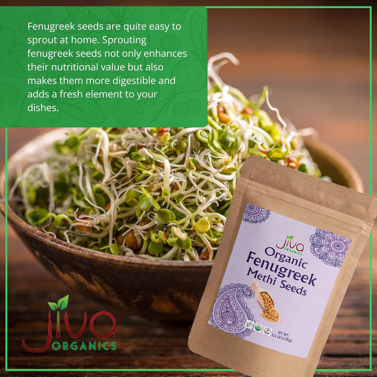 Jiva Organics fenugreek seeds ideal for Indian and Middle Eastern dishes.