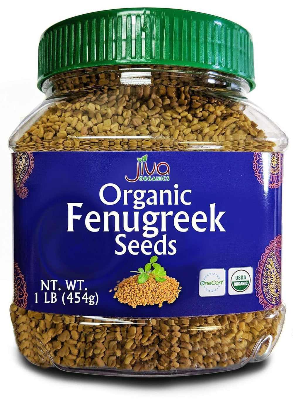 Jiva Organics fenugreek seeds jar highlighting premium spice for cooking and sprouting.